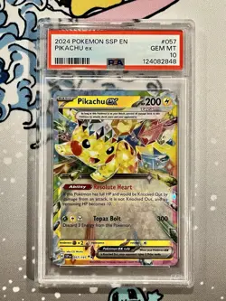 2024 Pokemon TCG Surging Sparks #057 Pikachu ex PSA 10 - Image 1