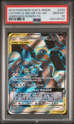 2019 POKEMON SUN & MOON UNBROKEN BONDS LUCARIO & MELMETAL GX #203 PSA 10 - Image 1
