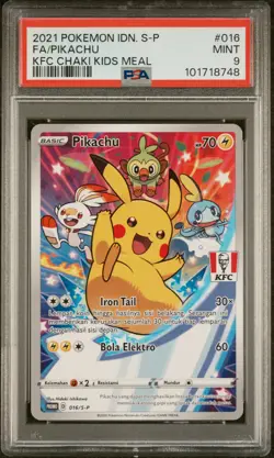 2021 POKEMON INDONESIAN S PROMO KFC CHAKI KIDS MEAL #016 FULL ART/PIKACHU PSA 9 - Image 1