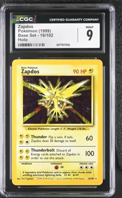 CGC 9 MINT Zapdos 1999 Base Set 16/102 Holo Pokemon Card - Image 1