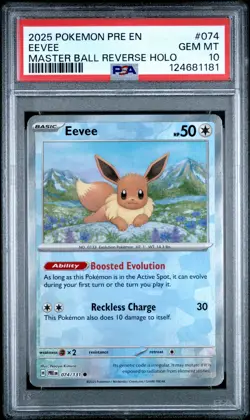 2025 POKEMON PRE EN-PRISMATIC EVOLUTIONS MASTER BALL REVERSE HOLO EEVEE PSA 10 - Image 1