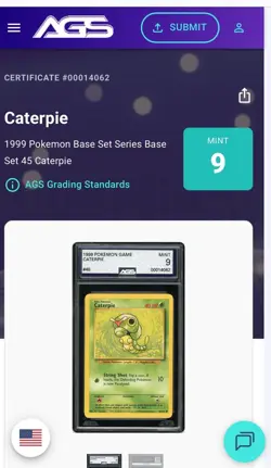 Pokemon Caterpie AGS Graded Mint 9 Card 45/102 Base Set Series - Image 3