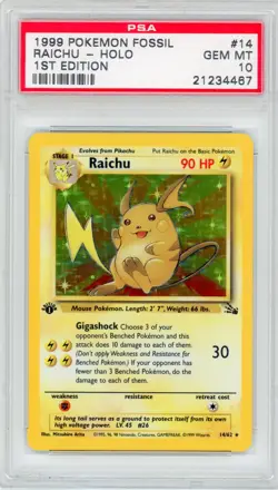 PSA 10 1st Edition Raichu Holo 14/62 - 1999 Fossil Rare Pokemon Card - Image 1