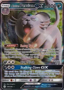 Pokemon TCG Alolan Persian GX 129/236 SM Cosmic Eclipse Full Art Ultra Rare - Image 1
