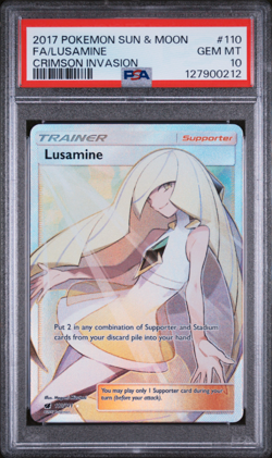 2017 POKEMON SUN & MOON CRIMSON INVASION #110 FULL ART/LUSAMINE PSA 10 - Image 1