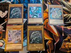 Five Blue-Eyes White Dragons from different sets. Cards range from Damaged to NM - Image 1