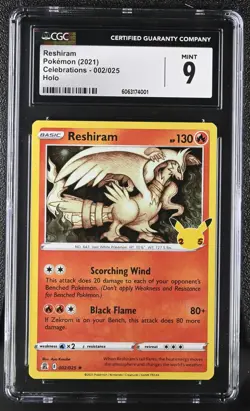 Pokemon Card RESHIRAM Holo Rare #002 Sword & Shield Celebrations CGC 9 MINT - Image 1