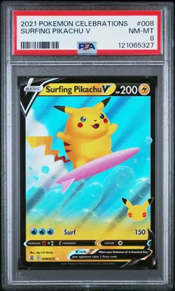 2021 POKEMON CELEBRATIONS #008 SURFING PIKACHU V PSA 8 - Image 1