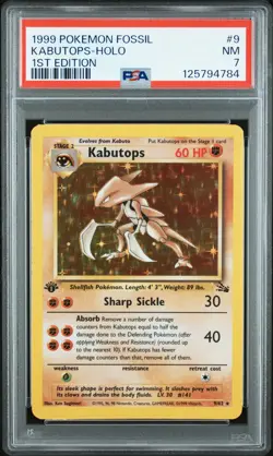 1999 POKEMON FOSSIL 1ST ED #9 KABUTOPS-HOLO PSA 7 - Image 1
