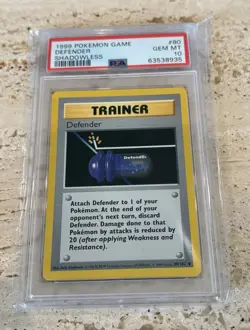 1999 POKEMON BASE SET SHADOWLESS #80 DEFENDER PSA 10 - Image 1
