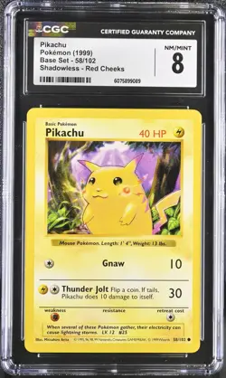 CGC 8 Pikachu 1999 Base Set 58/102 Shadowless Red Cheeks Pokemon Card - Image 1