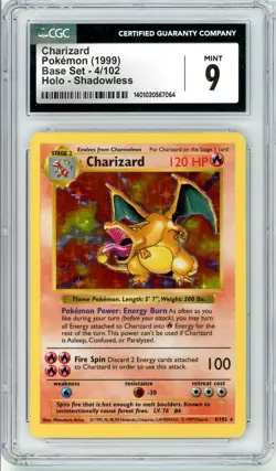Pokemon Charizard #4 Base Set Shadowless Holo CGC 9 Mint - Image 1