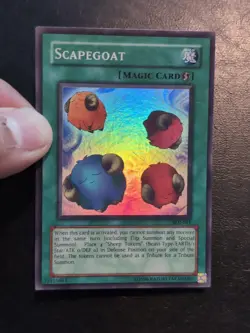 Yu-Gi-Oh! SUPER RARE HOLO CARD SCAPEGOAT SDJ-041 1996 VINTAGE PRINT LP - Image 3