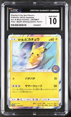 Pokemon 2019 Japanese Promo: Playing in Sea Surfing Pikachu 392/SM-P - CGC 10 - Image 1