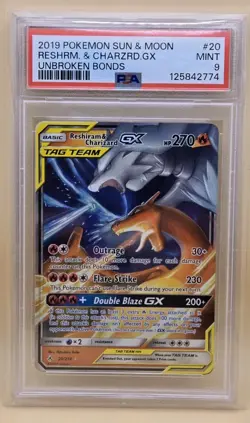 PSA 9 RESHIRAM & CHARIZARD 20 GX UNBROKEN BONDS 2019 POKEMON SUN & MOON - Image 1