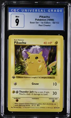 CGC 9 MINT Pikachu (Red Cheeks) 58/102 1st Edition Base Set Pokemon Card - Image 1