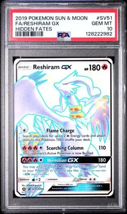 2019 Pokemon S&M Hidden Fates Full Art Shiny Reshiram GX #SV51 Graded PSA 10 - Image 1
