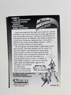 1994 KENNER STAR WARS ACTION MASTERS LUKE SKYWALKER NM-MT CARD - Image 2