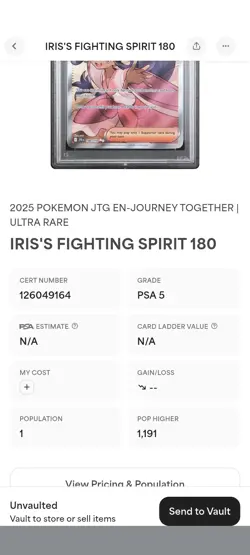 PSA 5 Iris's Fighting Spirit 180/156 Pokemon Ultra Population 1 Low Pop Holo - Image 3