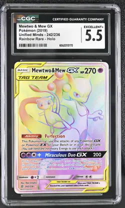 CGC 5.5 Mewtwo & Mew GX Unified Minds 242/236 Rainbow Rare Holo Pokemon Card - Image 1