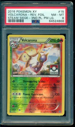 2016 Pokemon Steam Siege #15 Volcarona Rev. Holo 3rd Place PM. LG PSA 8 NM-MT - Image 1