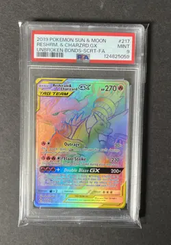 2019 Pokemon Sun Moon Reshiram Charizard GX PSA 9 Unbroken Bonds 217 Secret - Image 1