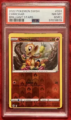 PSA 8(MC) 2022 Pokemon SWSH Chimchar Brilliant Stars #024 NM-MT Miscut Rev POP 1 - Image 1