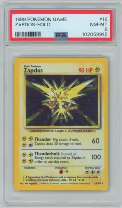 1999 Pokemon Base Set #16 Zapdos - PSA 8 NM-MT - Holo Rare WOTC Vintage - Image 1