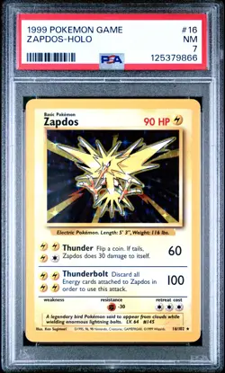 1999 POKEMON BASE SET UNLIMITED #16 ZAPDOS-HOLO PSA 7 - Image 1