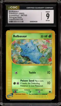 Pokemon Bulbasaur Expedition Reverse Holo #94 INSUFFICIENT INK ERROR CGC 9 - Image 1