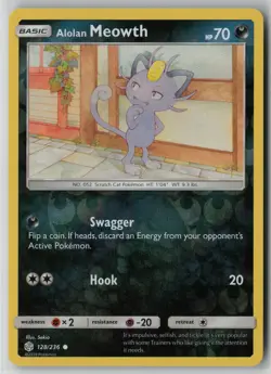 Alolan Meowth 128/236 Pokemon TCG Cosmic Eclipse Reverse Holo Card (Near Mint) 1 - Image 1