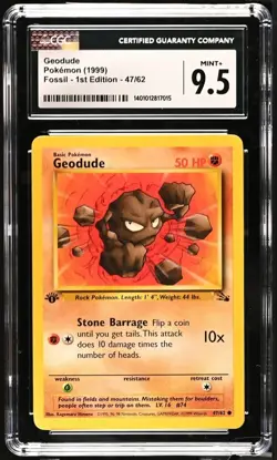 CGC 9.5 MINT+ Geodude 1st Edition Fossil 47/62 Pokemon 1999 English Vintage TCG - Image 2