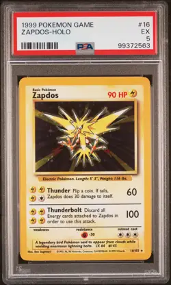 1999 POKEMON BASE SET UNLIMITED #16 ZAPDOS-HOLO PSA 5 - Image 1