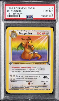 1999 POKEMON FOSSIL 1ST ED #19 DRAGONITE PSA 10 - Image 1