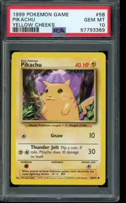 1999 POKEMON BASE SET UNLIMITED YELLOW CHEEKS #58 PIKACHU PSA 10 - Image 1