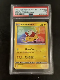 PSA 9 ASH'S PIKACHU SM108 BLACK STAR PROMO SUN & MOON POKEMON CARD MINT - Image 1