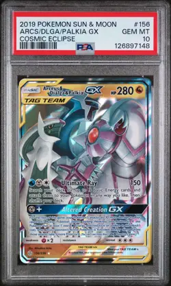 2019 POKEMON SUN & MOON COSMIC ECLIPSE #156 ARCEUS & DIALGA & PALKIA GX PSA 10 - Image 1