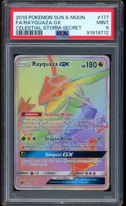 2018 Pokemon Rayquaza GX Full Art Celestial Storm Secret Rare Sun Moon 177 PSA 9 - Image 1
