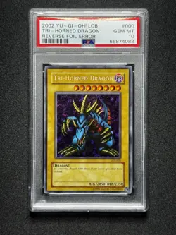 PSA 10 Yugioh Tri Horned Dragon LOB-000 Legend Of Blue Eyes REVERSE FOIL ERROR! - Image 1