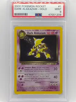Pokemon WOTC 2000 Team Rocket Dark Alakazam Holo 1/82 PSA 9 Mint - Image 1