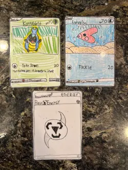 Hand drawn Pokemon cards by child entrepreneur, Karrablast, Luvdisc, energy - Image 1