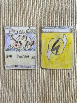 Hand Drawn Pokemon Cards By Child Entrepreneur; Pikachu And Lightning Energy - Image 1