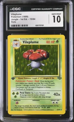 CGC 10 Pokemon English Vileplume 15/64 1999 Jungle - 1st Edition Rare Holo - Image 1