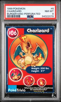 1999 POKEMON BURGER KING PERFORATED #6 CHARIZARD PSA 8 - Image 1