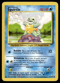 Squirtle 63/102 Pokemon Card Base Set Common 40 HP Lightly Played Z35 - Image 1