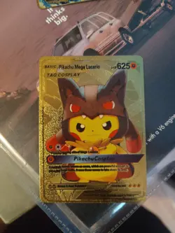 Pokemon Pikachu Mega Lucario Cosplay 625HP Gold Foil Fan Art Card #009 - Image 1