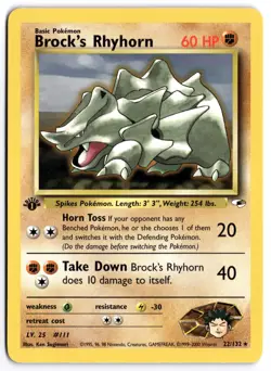 Pokemon 1st Edition Brock's Rhyhorn (22) Rare Gym Heroes 022/132 NM - Image 1