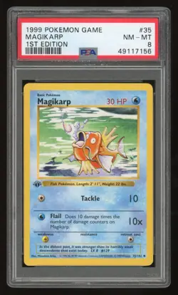 1999 Pokemon 1st Edition Shadowless Magikarp #35 PSA 8 - Image 1