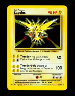 1999 Pokemon ZAPDOS Base Set HOLO RARE Unlimited Edition Card 16/102 WotC NM - Image 2