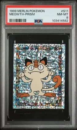 PSA 8 NM-MT 1999 MERLIN POKEMON #S11 MEOWTH-PRISM ENGLISH - Image 1